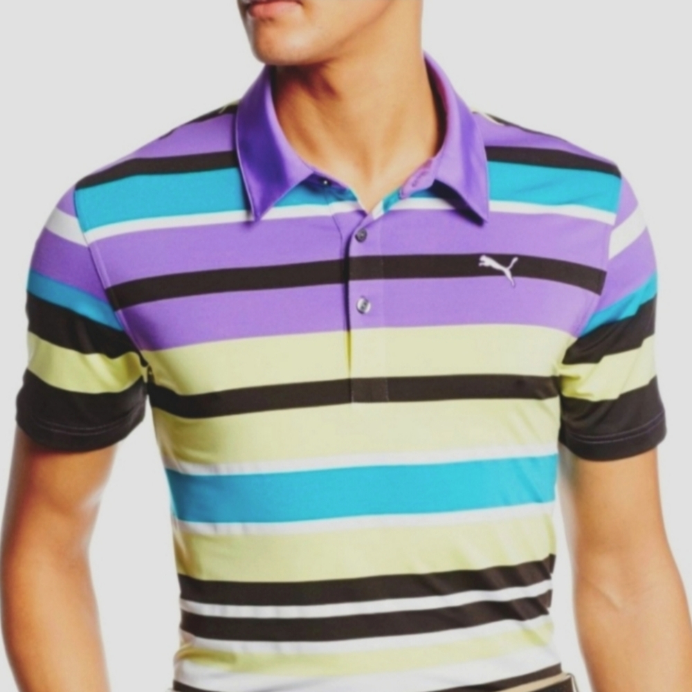 Puma Men's Vibrant Striped Polo - Purple, Blue, Yellow